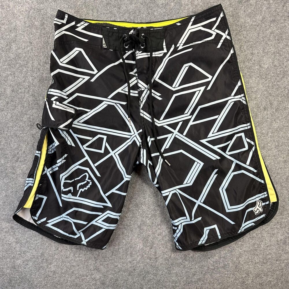 Fox Racing Board Shorts Mens 34 Black Geometric Print Swim Trunks Logo Yellow